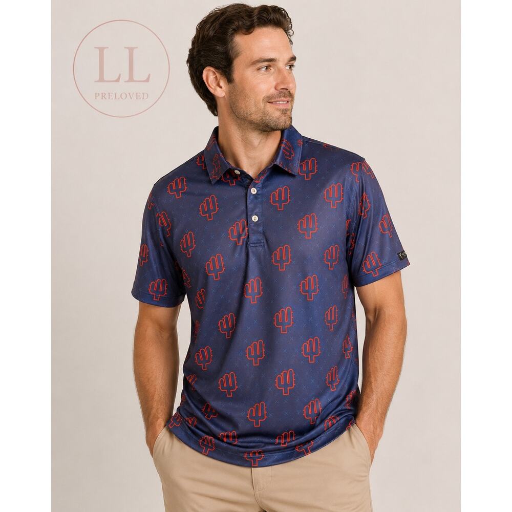 Yatta‎ Golf Men’s XL Polo Shirt Navy Red Cactus Print Performance Stretch Golf